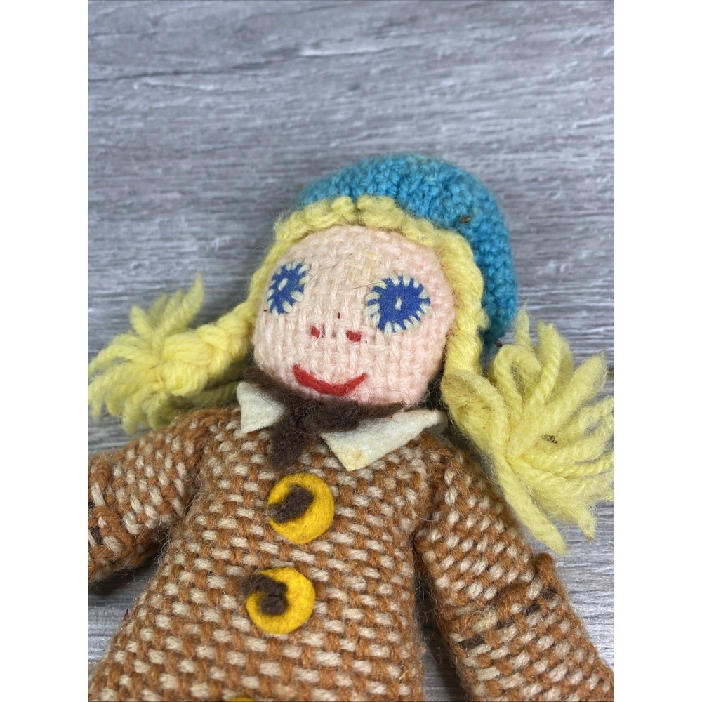 Unbranded Vintage Crochet Doll Girl Small Brown Blue Good Handmade Folk Art Toy - Picture 2 of 10